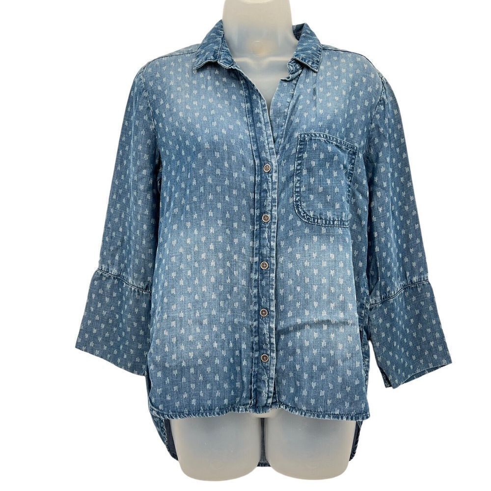 Cloth &Stone Womens Denim Chambray Tencel Shirt 3/4 Sleeves Button Down Size XS